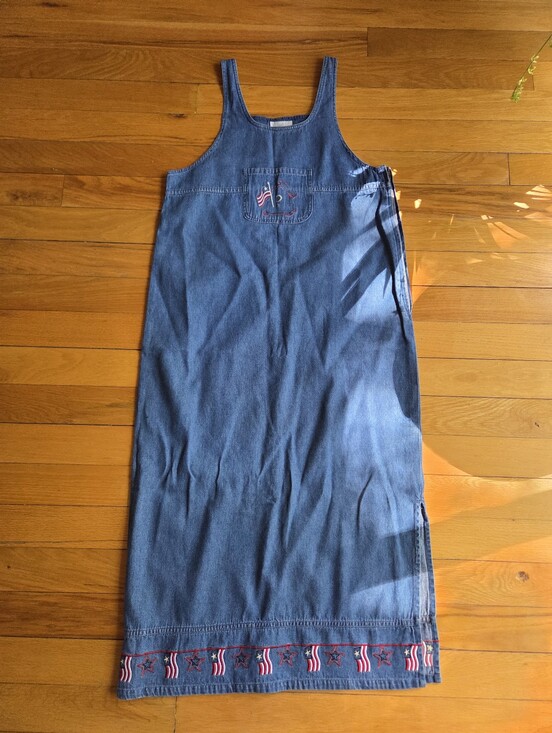 Christopher & Banks Dresses & Skirts - Vintage Denim Maxi Jumper Dress with Embroidered Stars and Flags Size M 100% COT
